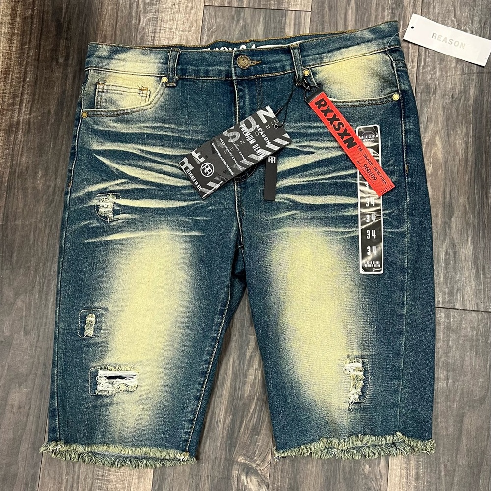Reason Blue Distressed Jean Shorts with Raw Hem